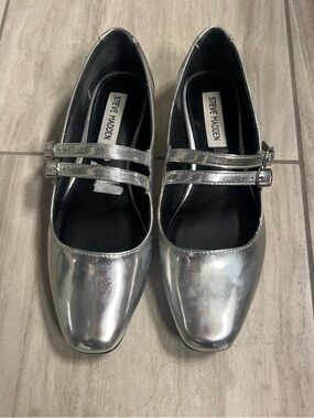 Steve Madden Metallic Silver Double-Strap Mary Jane Flats